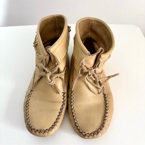 Vintage Handmade Leather Moccasin Boots - Fringe Trim - Size 8.5-9”